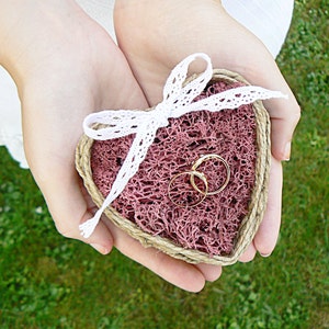 Heart Jute Wedding Ring Box with Moss and Lace
