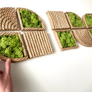 May include: A series of geometric wall art panels featuring natural green preserved moss encased in frames made of thick, twisted tan rope. The panels are arranged in various shapes, including squares and semi-circles, with textured rope patterns.