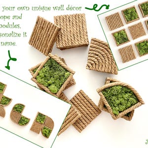 May include: A collection of square and curved modular wall decor pieces made from tan rope and green preserved moss. The text reads: Design your own unique wall d&eacute;cor from rope and moss modules, or personalize it with a name. The brand name Arcina is visible.