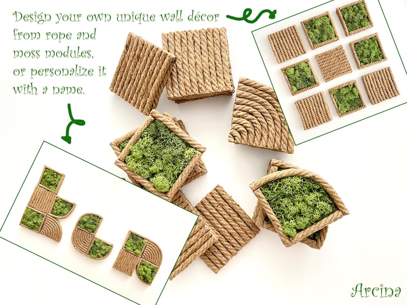 May include: A collection of square and curved modular wall decor pieces made from tan rope and green preserved moss. The text reads: Design your own unique wall d&eacute;cor from rope and moss modules, or personalize it with a name. The brand name Arcina is visible.