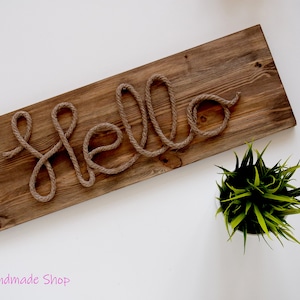 Letrero de madera y cuerda Hello, decoración de pared Hello, letrero de tablero de madera de granja, decoración rústica Hello, letrero de madera Shabby Chic, regalo de inauguración de la casa