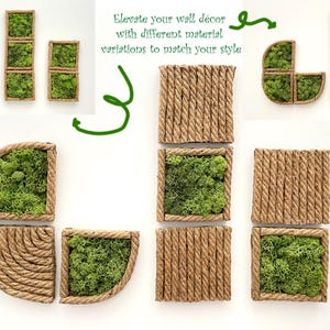 May include: A collection of modular wall art panels featuring square and quarter-circle frames wrapped in natural jute rope. Some panels are filled with vibrant green preserved moss, while others display a textured vertical rope pattern.