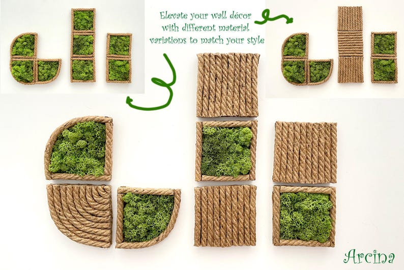 May include: A collection of modular wall art panels featuring square and quarter-circle frames wrapped in natural jute rope. Some panels are filled with vibrant green preserved moss, while others display a textured vertical rope pattern.
