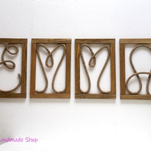 Letras de cuerda con marco de madera, decoración de pared personalizada para habitación de estilo de granja, decoración rústica de sala de niños, letrero de madera shabby chic, letra de nombre personalizada