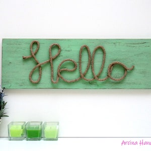 Hello Rope Sign: Farmhouse Stained Wood Wall Decor