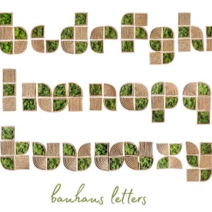 May include: A complete set of lowercase alphabet letters from a to z, constructed from modular square and curved segments. Each letter features a combination of textured tan rope-wrapped surfaces and vibrant green preserved moss inserts.