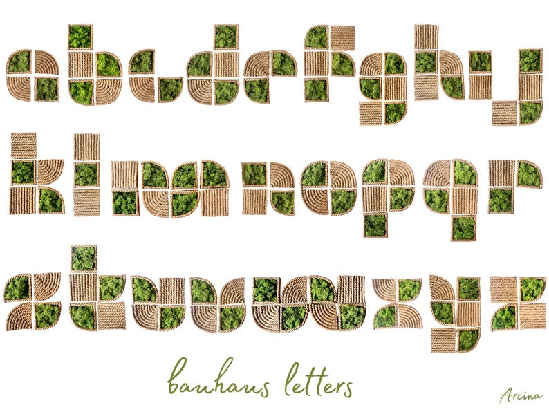 May include: A complete set of lowercase alphabet letters from a to z, constructed from modular square and curved segments. Each letter features a combination of textured tan rope-wrapped surfaces and vibrant green preserved moss inserts.