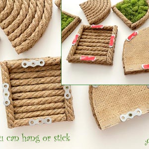 May include: A collection of square and semi-circular wall decor pieces crafted from natural tan rope. Some pieces feature green moss inserts, while others show a burlap backing with red adhesive strips or metal mounting brackets attached.