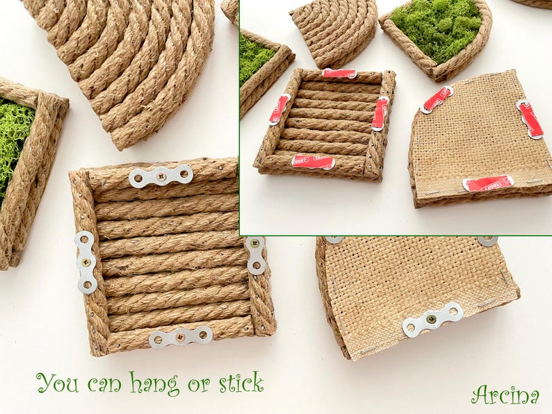 May include: A collection of square and semi-circular wall decor pieces crafted from natural tan rope. Some pieces feature green moss inserts, while others show a burlap backing with red adhesive strips or metal mounting brackets attached.