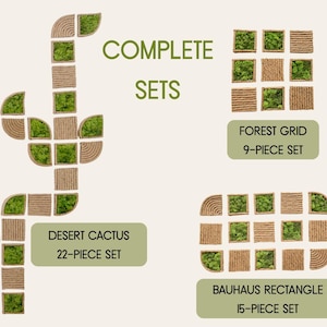 May include: A collection of modular wall art sets featuring square and curved tiles with natural green moss and textured jute rope borders. The image displays three arrangements labeled COMPLETE SETS, DESERT CACTUS 22-PIECE SET, FOREST GRID 9-PIECE SET, and BAUHAUS RECTANGLE 15-PIECE SET.