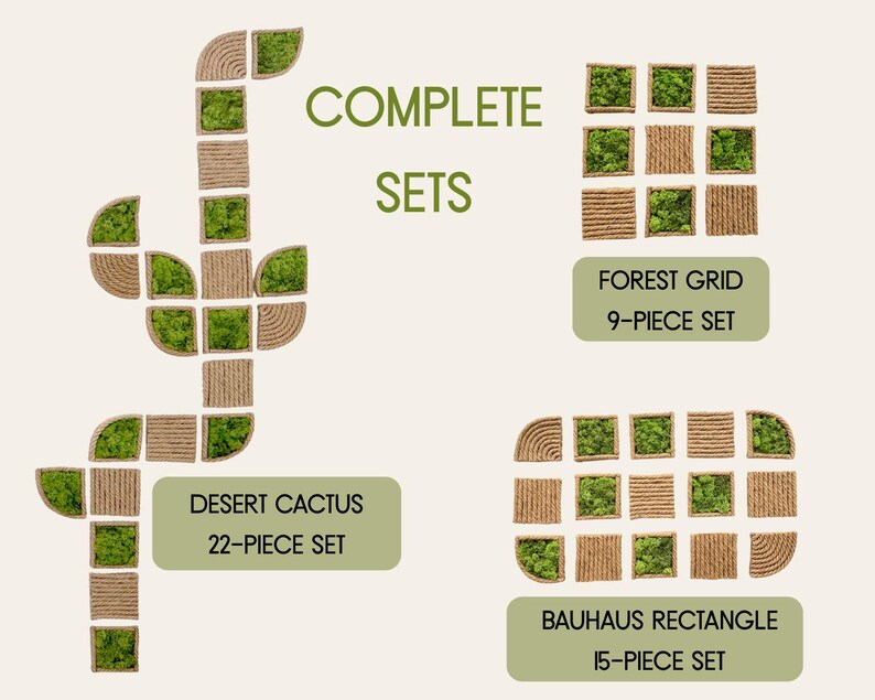 May include: A collection of modular wall art sets featuring square and curved tiles with natural green moss and textured jute rope borders. The image displays three arrangements labeled COMPLETE SETS, DESERT CACTUS 22-PIECE SET, FOREST GRID 9-PIECE SET, and BAUHAUS RECTANGLE 15-PIECE SET.
