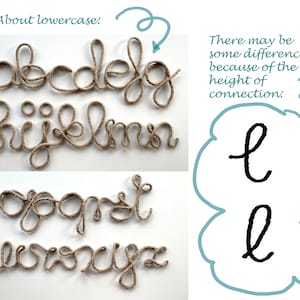 May include: A set of lowercase alphabet letters crafted from brown jute rope, arranged in alphabetical order. The image includes text stating About lowercase: and There may be some differences because of the height of connection: with two examples of the letter l.