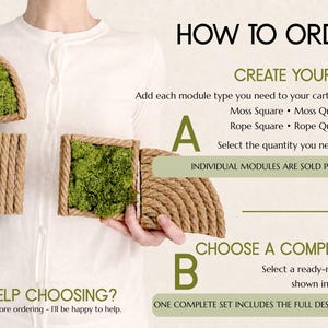 May include: A set of modular wall decor pieces featuring natural green moss encased in thick, textured tan rope frames. The image includes text instructions titled HOW TO ORDER, detailing options for individual modules or complete sets.
