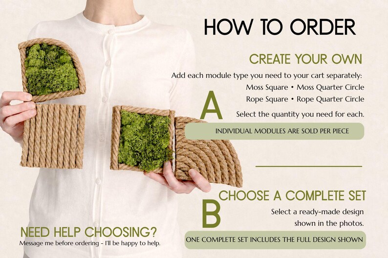 May include: A set of modular wall decor pieces featuring natural green moss encased in thick, textured tan rope frames. The image includes text instructions titled HOW TO ORDER, detailing options for individual modules or complete sets.