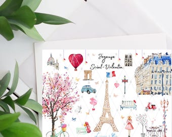 May include: A watercolor illustration of a Parisian scene with the Eiffel Tower, a hot air balloon, a bicycle, a cherry blossom tree, and the text "Joyeuse Saint-Valentin".