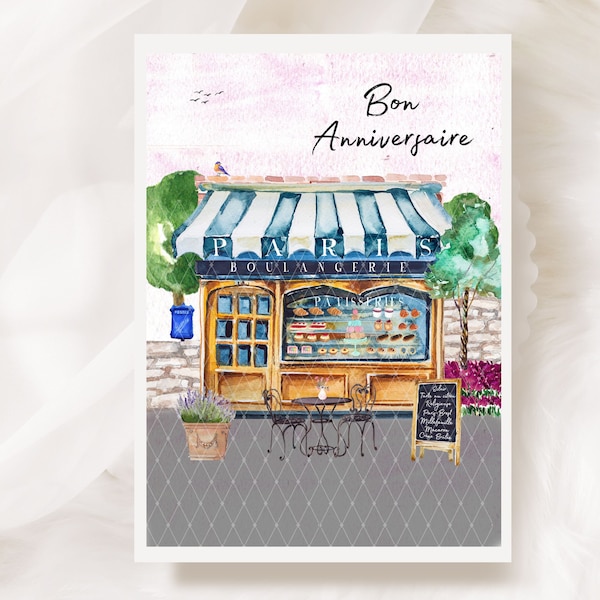 Bon Anniversaire French Happy Birthday Card of a Paris Bakery with Pastries Boulangerie et Pâtisseries