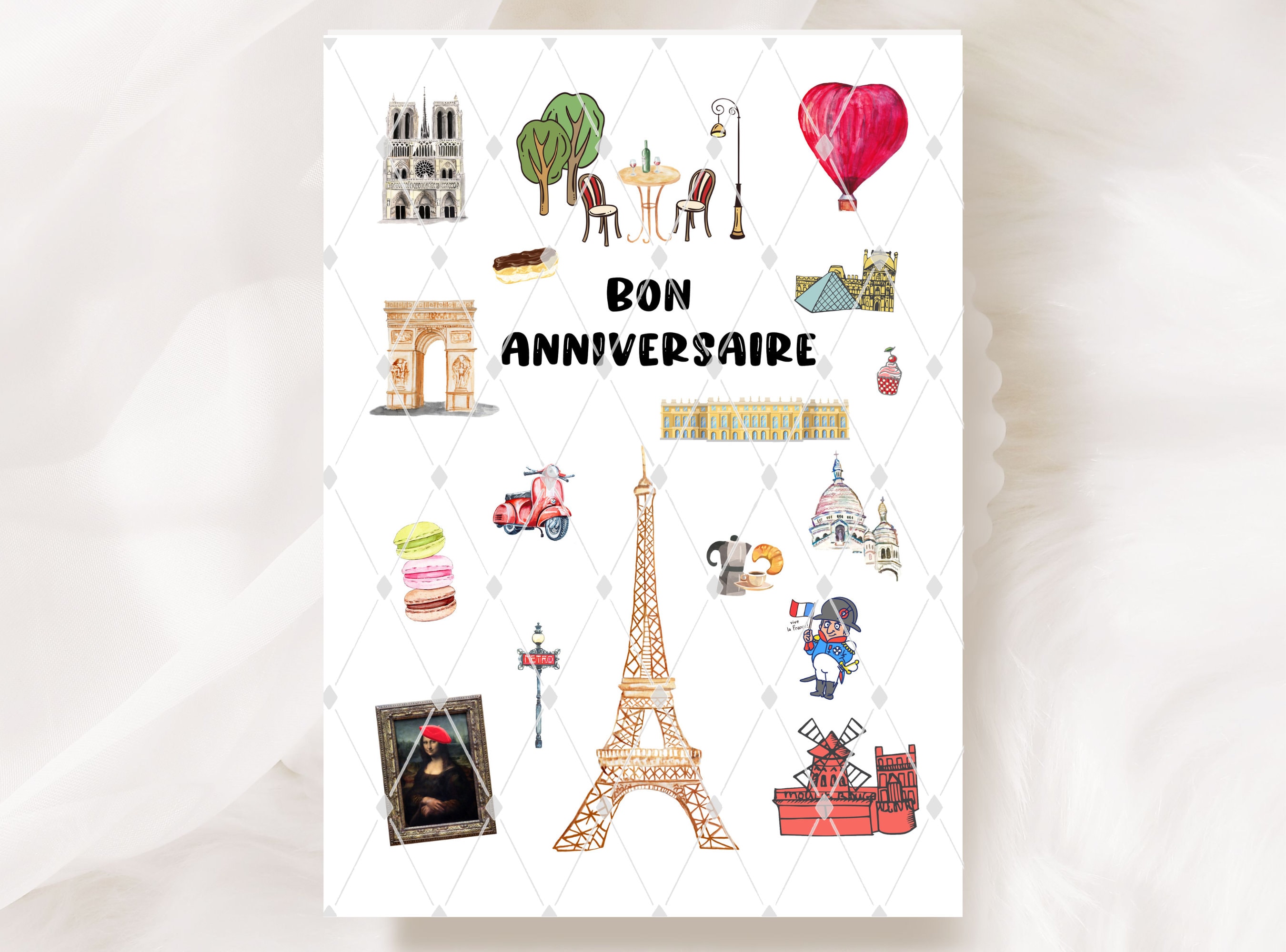 French Birthday Card: Whimsical Bon Anniversaire Design - Etsy, image size:2700x2000