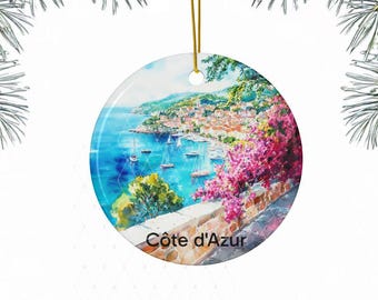 Côte d&#39;Azur French Riviera Ceramic Christmas Ornament Souvenir, Holiday Gift, Christmas Tree Decor, Travel Keepsake, Circle Shape, 1-sided