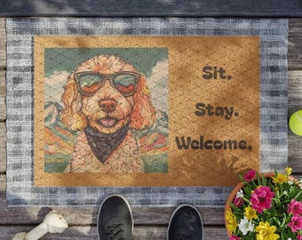 May include: A rectangular doormat with a dog wearing sunglasses and a bandana. The mat has the words "Sit. Stay. Welcome." printed on it. The mat is bordered by a blue and white checkered pattern.
