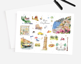 Italian Birthday Card: Buon Compleanno, Italy Icons