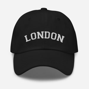Chapéu de beisebol de Londres preto com letras bordadas brancas presente para ele presente para ela boné de bola de lembrança britânica chapéu do Reino Unido | Presente Anglófilo