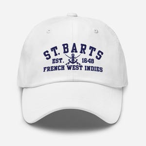 St. Barts White Hat Navy Embroidered letters St Barts Souvenir Caribbean Cap, French West Indies, Saint Barthéthemy, Island Travel Hat