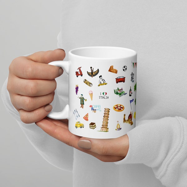 Tasse à café italienne remplie d’icônes de l’Italie, cadeau pour elle, cadeau pour lui, cadeau pour Nonna e Nonno, cadeau Buon Compleanno, cadeau Buon Natale