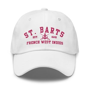 St. Barts White Hat Pink Embroidered letters Souvenir Caribbean Cap, French West Indies, Saint Barthéthemy, Island Travel Hat Gift for Her