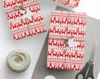 Red Reindeer Scandinavian Christmas Gift Wrap Paper