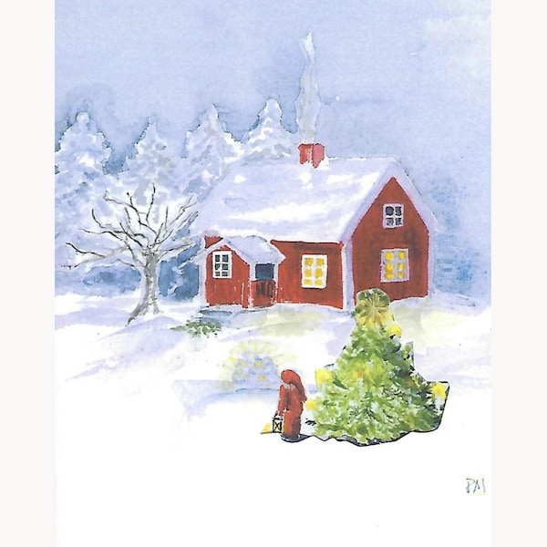 Swedish Christmas Red House Boy and Lantern Cards,| Pia Malmros, Svensk jul, Sweden Christmas Cards