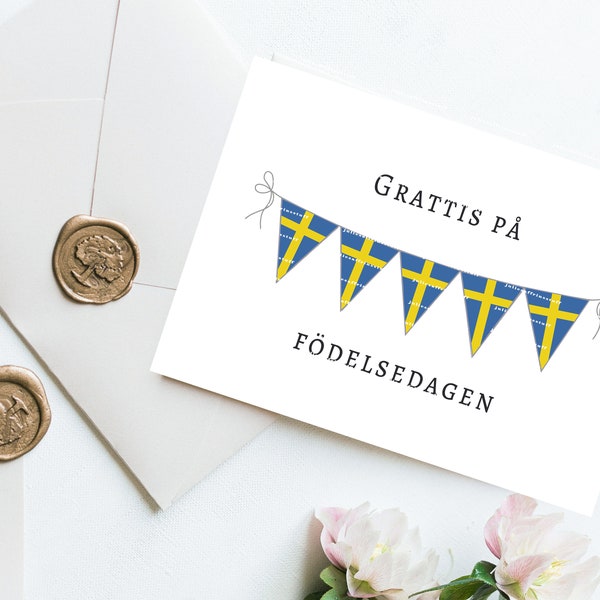 Swedish Happy Birthday Card, Svierge, Sweden Flag Card, Grattis på födelsedagen, Swedish Bunting, Swedish Flag Bunting Card