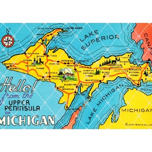 Cartão postal vintage da Península Superior de Michigan, download digital, tamanho JPG 5,5 x 3,5, 400 dpi, diário, scrapbooking, planejadores