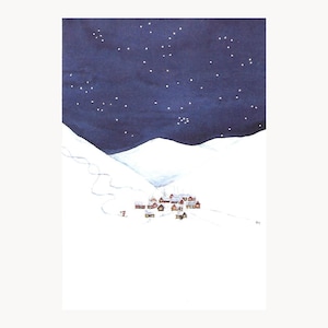 Swedish Snowy Mountain Village Card, Winter Wonterland Die Cut Pia Malmros style, Made in Sweden, Svensk jul, Watercolor Card