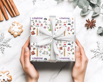 UK British London Wrapping Paper UK Gift Wrap Featuring Iconic London Illustrations, 3 Size Options, Glossy or Matte