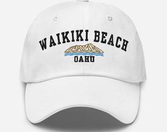 Waikiki Beach Oahu Hat, White Embroidered Dad Cap, Hawaii Low Profile Beach Cap, Hawaiian Travel Souvenir, Surfer Gift, Diamondhead
