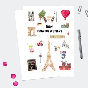 French Happy Birthday Card, Bon Anniversaire card, Whimsical French birthday card