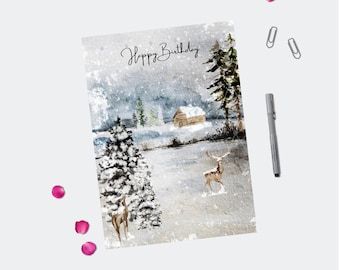 Winter Cabin Birthday Card: Snowy Landscape, Deer