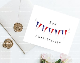 French Birthday Card with Bunting of the French flag colors, Bon Anniversaire card, Birthday card for Him, Birthday for Her