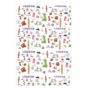 May include: A white background with a repeating pattern of London themed illustrations. The illustrations include the London Eye, Big Ben, red double-decker buses, red telephone booths, the Union Jack flag, and the words "LONDON" and "I love England".