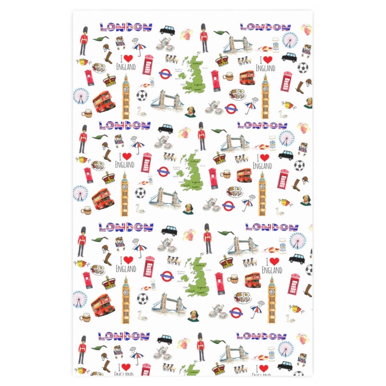 May include: A white background with a repeating pattern of London themed illustrations. The illustrations include the London Eye, Big Ben, red double-decker buses, red telephone booths, the Union Jack flag, and the words "LONDON" and "I love England".