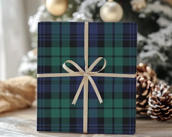 Classic Navy, Green and Black Tartan Wrapping Paper Plaid Gift Wrap in Glossy or Matte Black Watch Plaid Vintage Christmas