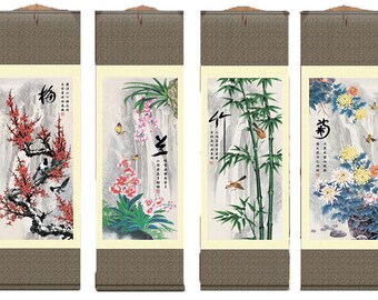Vintage Wall Art Bird Rose Bush Painted Bamboo Asian Scroll Poshmark