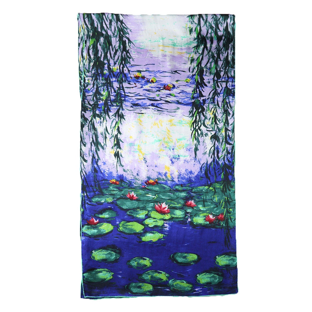 Long silk twill scarf Print of Monet's Water Lilies Blue/pink/white  NEW 