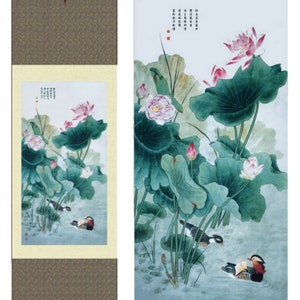 Grace Art® Asian Wall Scroll, Mandarin Duck Couple With Water Lilies