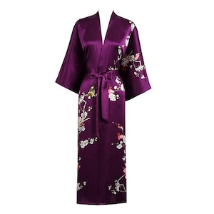 Grace Silk 100% Silk Long Robe Kimono, Plum Blossoms, Purple