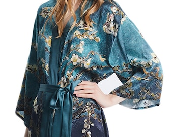 Minikimono Grace Silk 100 % seda, pintura al óleo de flor de ciruelo, verde azulado