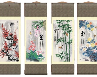 Grace Art® Asian Wall Scroll, Set of 4, Plum Blossom, Orchid, Bamboo, and Chrysanthemum