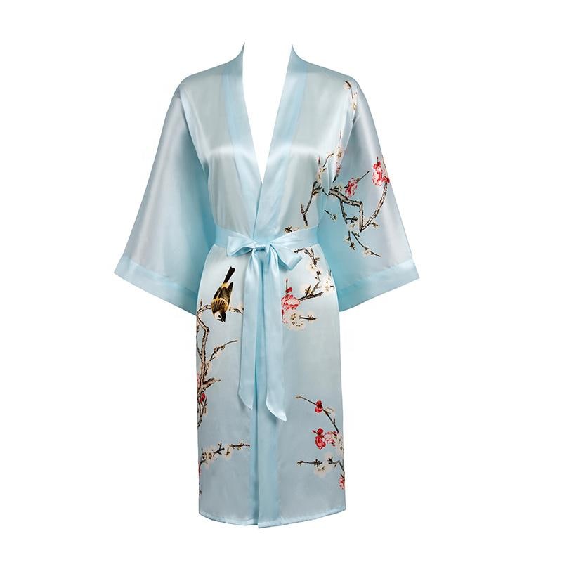 glossy pure silk short kimono dressing gown for women reviews Grace Silk 100% Silk Short Robe Kimono, Plum Blossoms, Light Blue