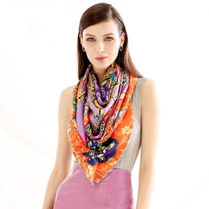 Grace Scarves 100% Silk Scarf, XX-Large, with Hand Rolled Edges, Jeweled Kaleidoscope, Orange/Purple