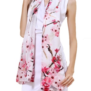 Grace Scarves 100% Silk Scarf, Oblong, Sateen, Cherry Blossoms, White